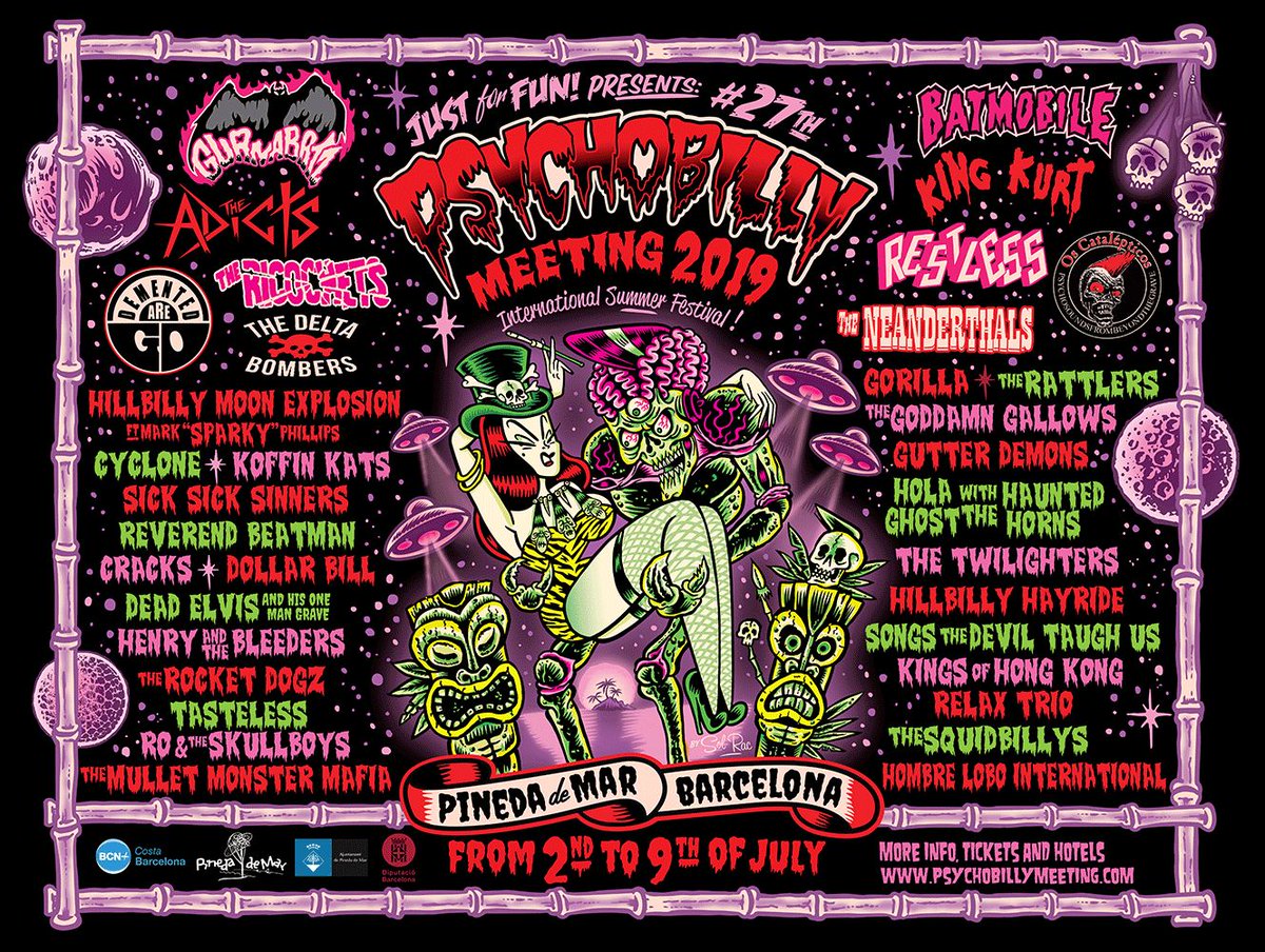27th PSYCHOBILLY MEETING Pineda de Mar 2019 complete Line up !!! 
Start planning your psychobilly holidays at the beach and meet new friends from around the world ! We work for you to have fun ! !
VIVA EL PSYCHOBILLY MEETING 
buff.ly/2TDMkyM