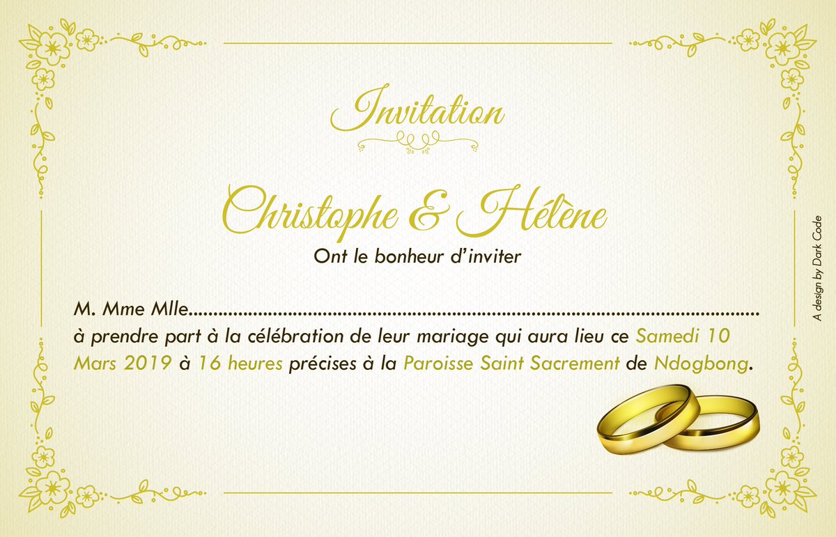 DarkCodeCompany's tweet photo. "Petite pincée d'orée". Billet d'invitation pour mariage dans thème or conçu pour le grand bonheur de ces 02 âmes qui se diront oui devant Dieu et les Hommes.
Design by Dark Code. https://t.co/k6KXMuBjwj