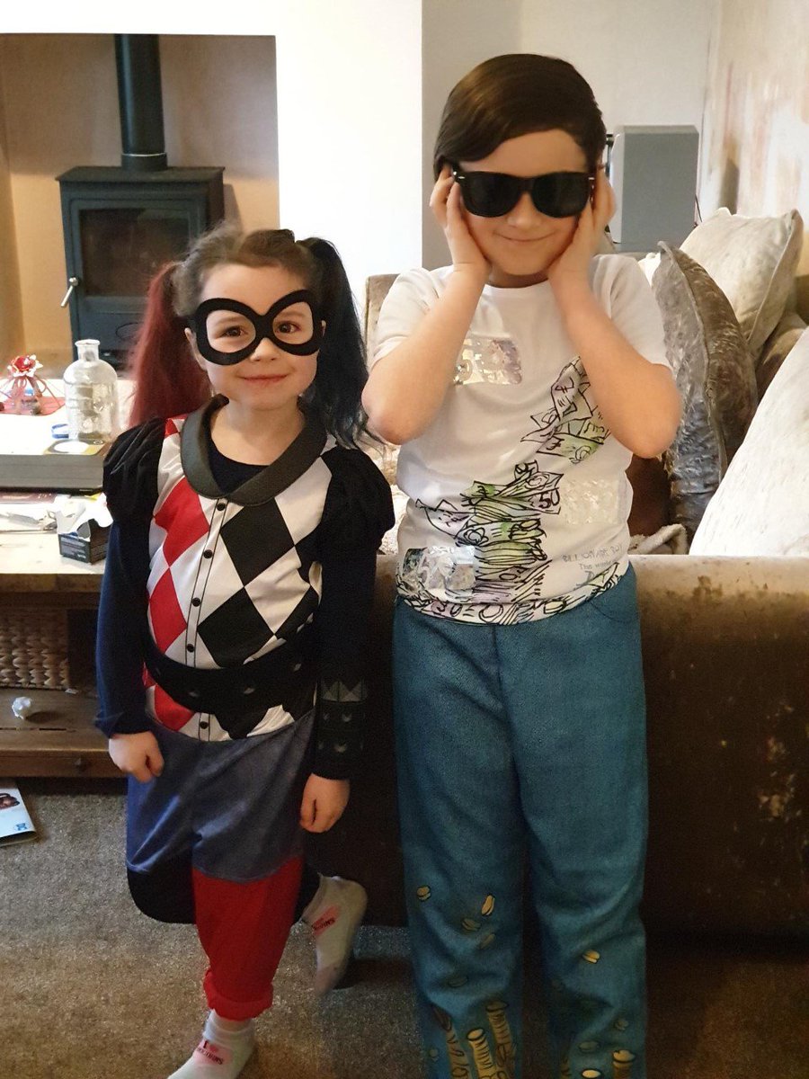 Today children all over the country are dressing up for #worldbookday! Here are my 2 youngest....Harley Quinn and Billionaire Boy! Love to see if you celebrate #worldbookday where you work! Or see what amazing book characters your children have gone to school as today!