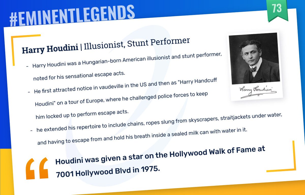 EmiproTech's tweet photo. Legend No: 73
 
 Harry Houdini | Illusionist, Stunt Performer
 
 "What the eyes see and the ears hear, the mind believes." - Harry Houdini
 
 #Eminent #EminentLegends #EmiproTech https://t.co/PVs4dhNcMX