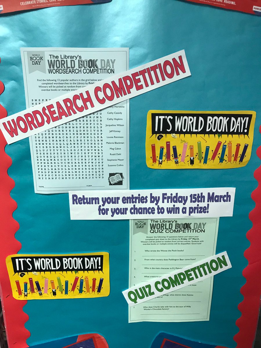 PMSchoolLib's tweet photo. Happy World Book Day everyone! The Library is running a wordsearch competition and a quiz competition. Come and collect an entry sheet. Closing date for both is Friday 15th March! #WorldBookDay #WBD19 #ReadingIsPower https://t.co/z3xXLSIIH5