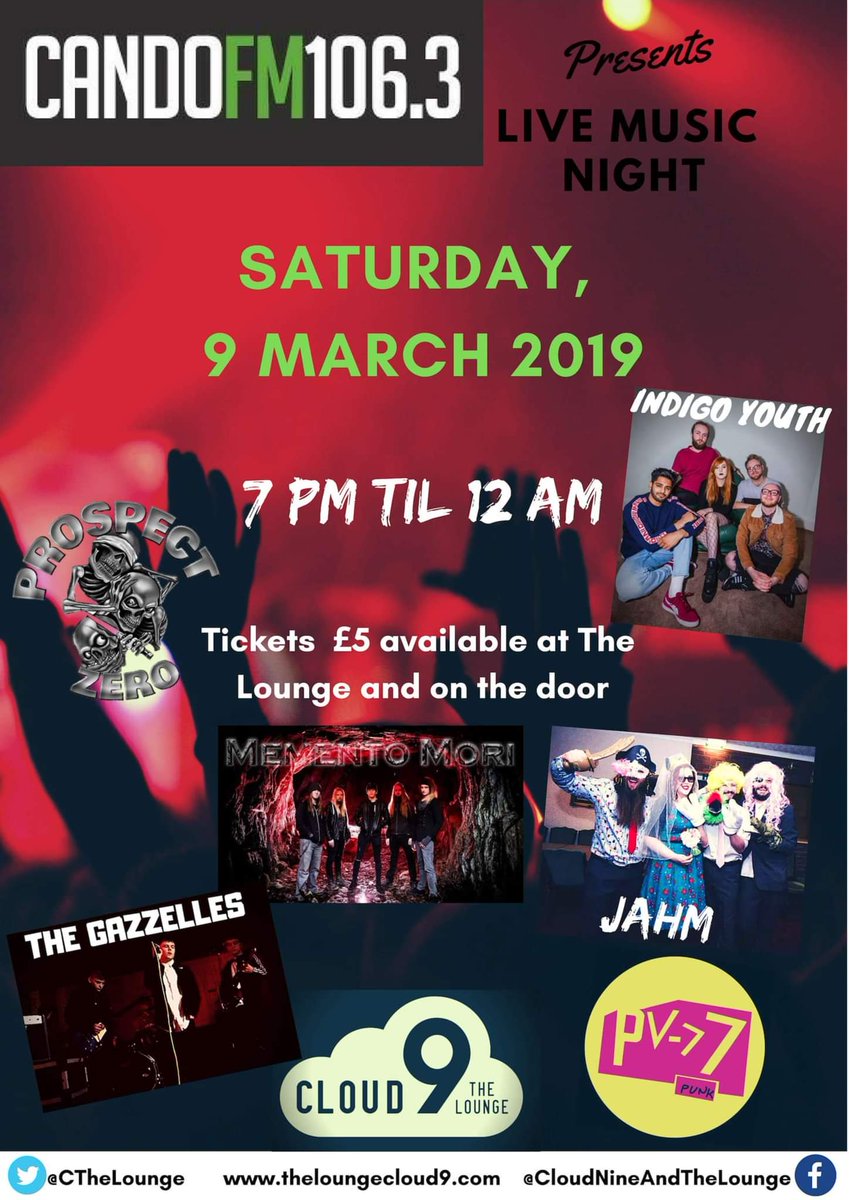 Cloud9&TheLounge (@cthelounge) on Twitter photo Saturday! The very first <a href="/CandoFM/">Cando FM 106.3FM 107.3FM Online & Smart Speaker</a> Live Music Night arrives to <a href="/CThelounge/">Cloud9&TheLounge</a> to deliver a NIGHT FULL OF LOCAL TALENT: Prospect Zero, <a href="/indigoyouthuk/">Indigo Youth</a> @MementoMoriUK JAHM, PV-77and The Gazzelles. Come and Join Us. TICKETS ARE ONLY £5.00
<a href="/Cumbria_Live/">Cumbria Live</a> <a href="/LovinBarrow/">Lovin Barrow</a> <a href="/theFCSU/">Furness College Students' Union</a> <a href="/BarrowLocal/">BarrowLocal</a> Saturday! The very first <a href="/CandoFM/">Cando FM 106.3FM 107.3FM Online & Smart Speaker</a> Live Music Night arrives to <a href="/CThelounge/">Cloud9&TheLounge</a> to deliver a NIGHT FULL OF LOCAL TALENT: Prospect Zero, <a href="/indigoyouthuk/">Indigo Youth</a> @MementoMoriUK JAHM, PV-77and The Gazzelles. Come and Join Us. TICKETS ARE ONLY £5.00
<a href="/Cumbria_Live/">Cumbria Live</a> <a href="/LovinBarrow/">Lovin Barrow</a> <a href="/theFCSU/">Furness College Students' Union</a> <a href="/BarrowLocal/">BarrowLocal</a>