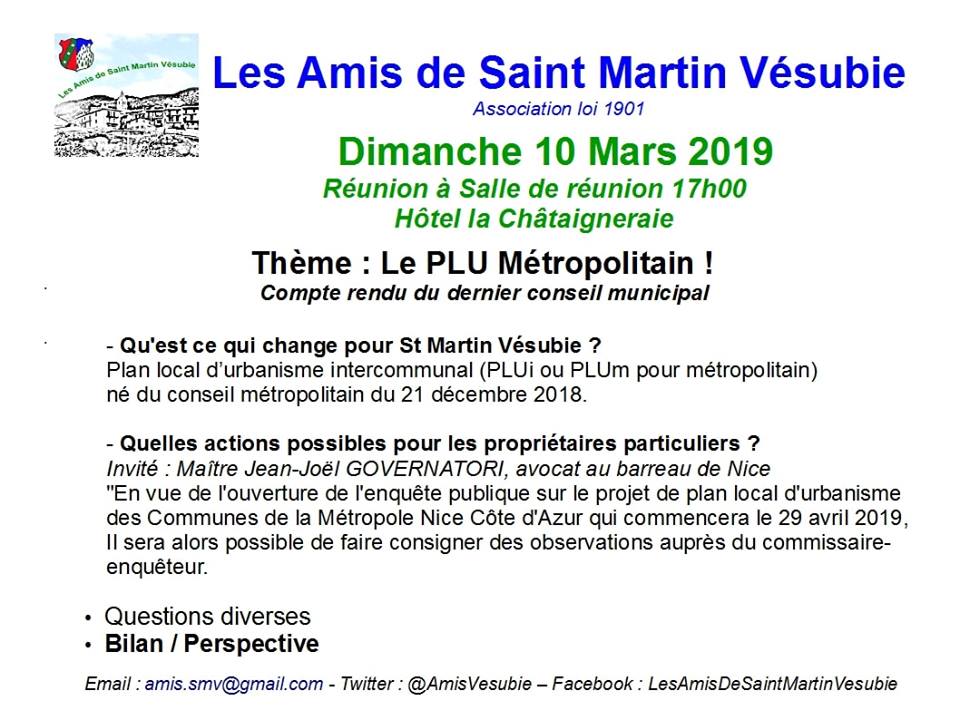 Dimanche 10 mars 2019 - 17h
Info sur le prochain #PluMétropolitain et ses conséquences sur le développement ou pas de #StMartinVésubie
Un avocat spécialisé expliquera le rôle du commissaire enquêteur &amp; les différents recours possibles
"Là où il y a une volonté, il y a un chemin"