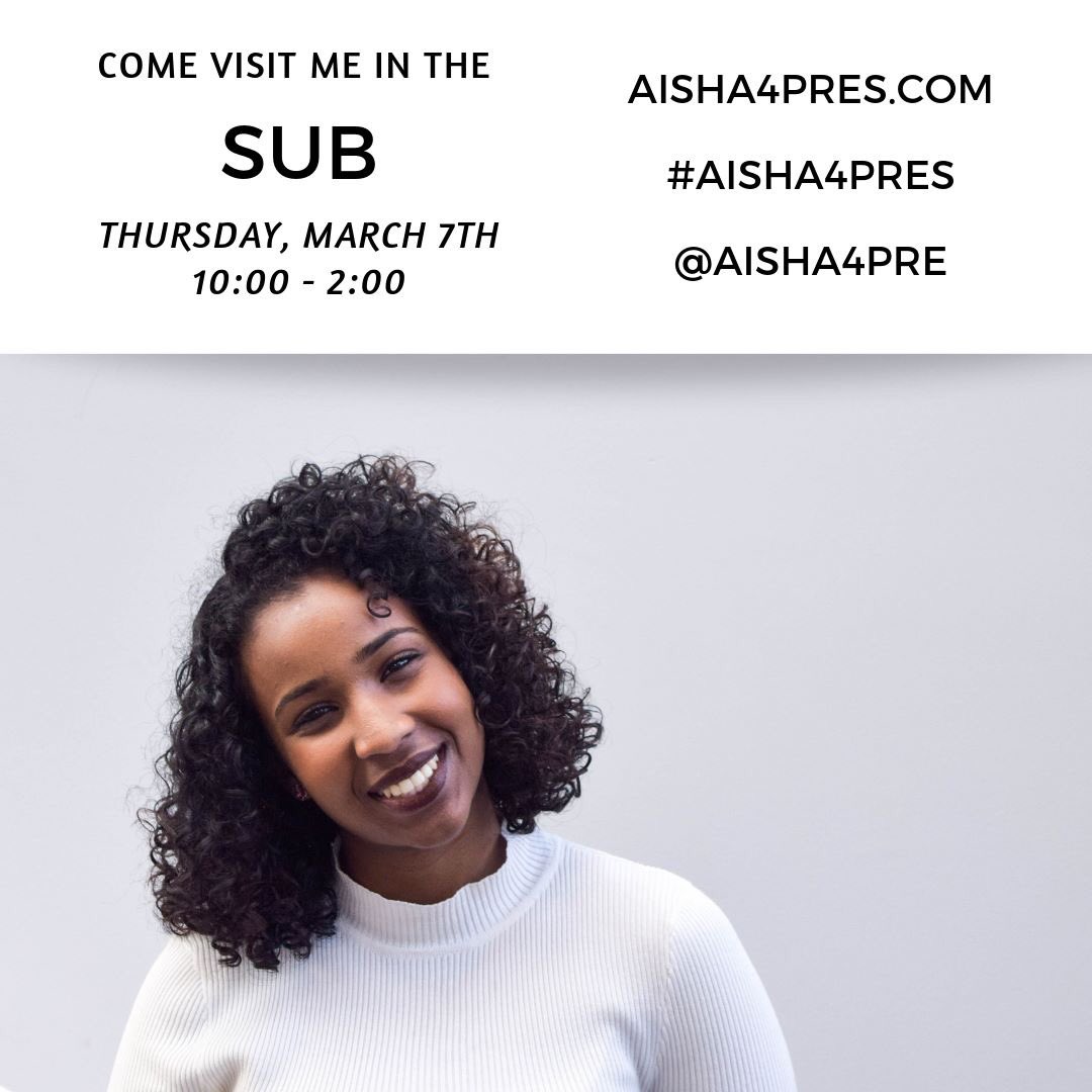 a_bish_a_'s tweet photo. Have any questions? Comments? Concerns? Just want to get to know me better? Come by the SUB between 10:00 - 2:00 today! I will be giving out cookies and tea! π΅ πͺ
#aisha4pres #dsuvotes #dsuelxn β¨
https://t.co/9tAo1sP2nZ β¨ https://t.co/Wmd2ad96pO