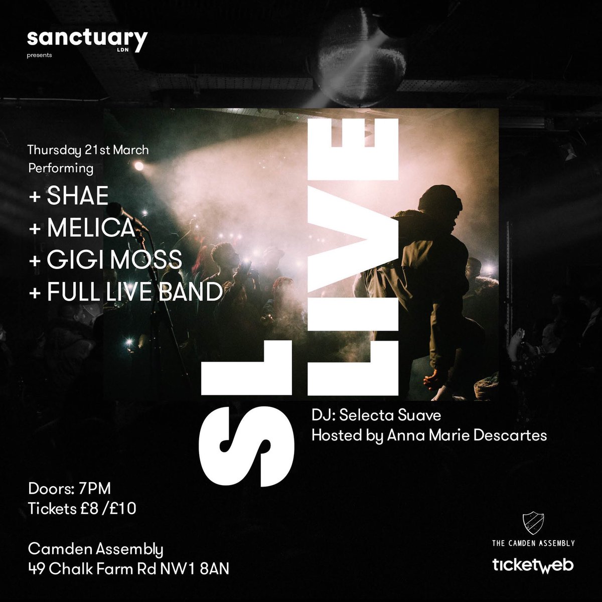 Come join us for #SLLIVE on Thurs 21st March - w/ <a href="/ShaesUniverse/">Shae Universe</a>, @MelicaLashley, <a href="/GigiMoss2/">Gigi Moss</a> 🎤

plus the vibes from our house band 🎷🥁🎹🎸

🎫 £8/£10: bit.ly/2UopHLA