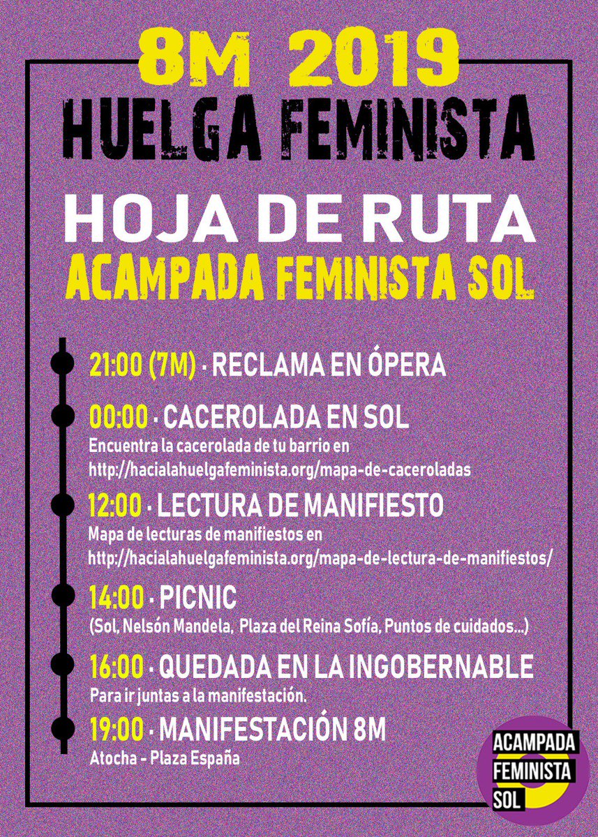 acampadafemin's tweet photo. Aquí la ruta que haremos como #AcampadaFeministaSol el 8M 💜

📢Empezaremos hoy a las 21:00 con una reclama en Ópera.
🥁Para continuar a las 00:00 con la CACEROLADA en Sol.
(Puedes encontrar la cacerolada de tu barrio en https://t.co/apbB6B8Fcy)

#HuelgaFeminista2019 #8M

⬇️⬇️⬇️ https://t.co/54a6ASjmoZ