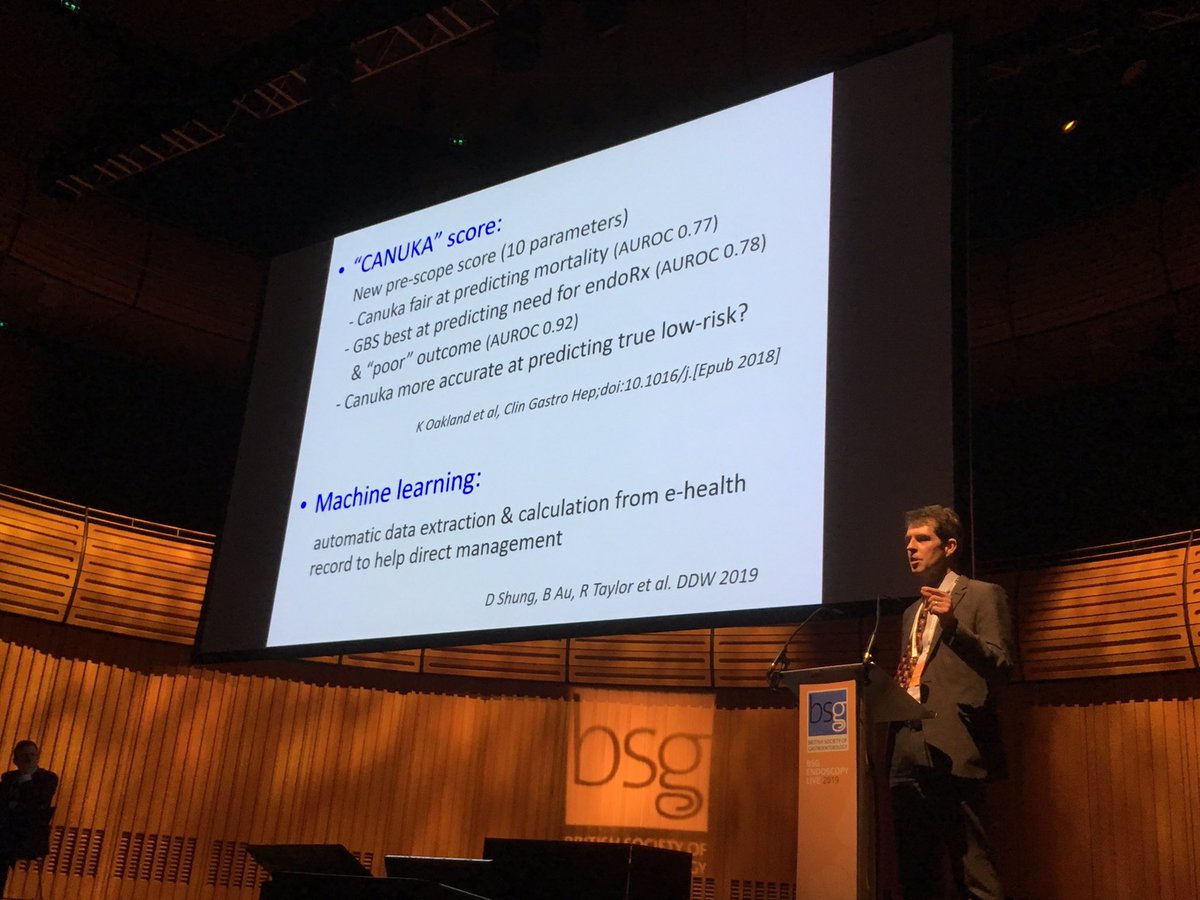 Adrian Stanley: latest CANUKA score for risk stratification in UGIB. Refining our ability to predict who needs scoped when! #BSGEL2019