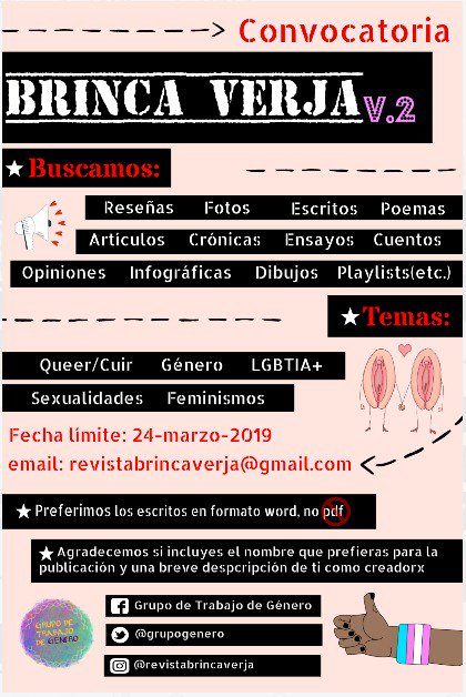 GrupoGenero's tweet photo. 🏳️‍🌈Jevxs tropicales🏳️‍🌈

Aquí información detallada para que se motiven y participen de nuestro segundo Volumen. 
✨Brinca Verja✨

Importante: 
📅Fecha límite: 24 de marzo.
📧Email: revistabrincaverja@gmail.com

Besis, cukis 🍑 https://t.co/l7f11qFIll