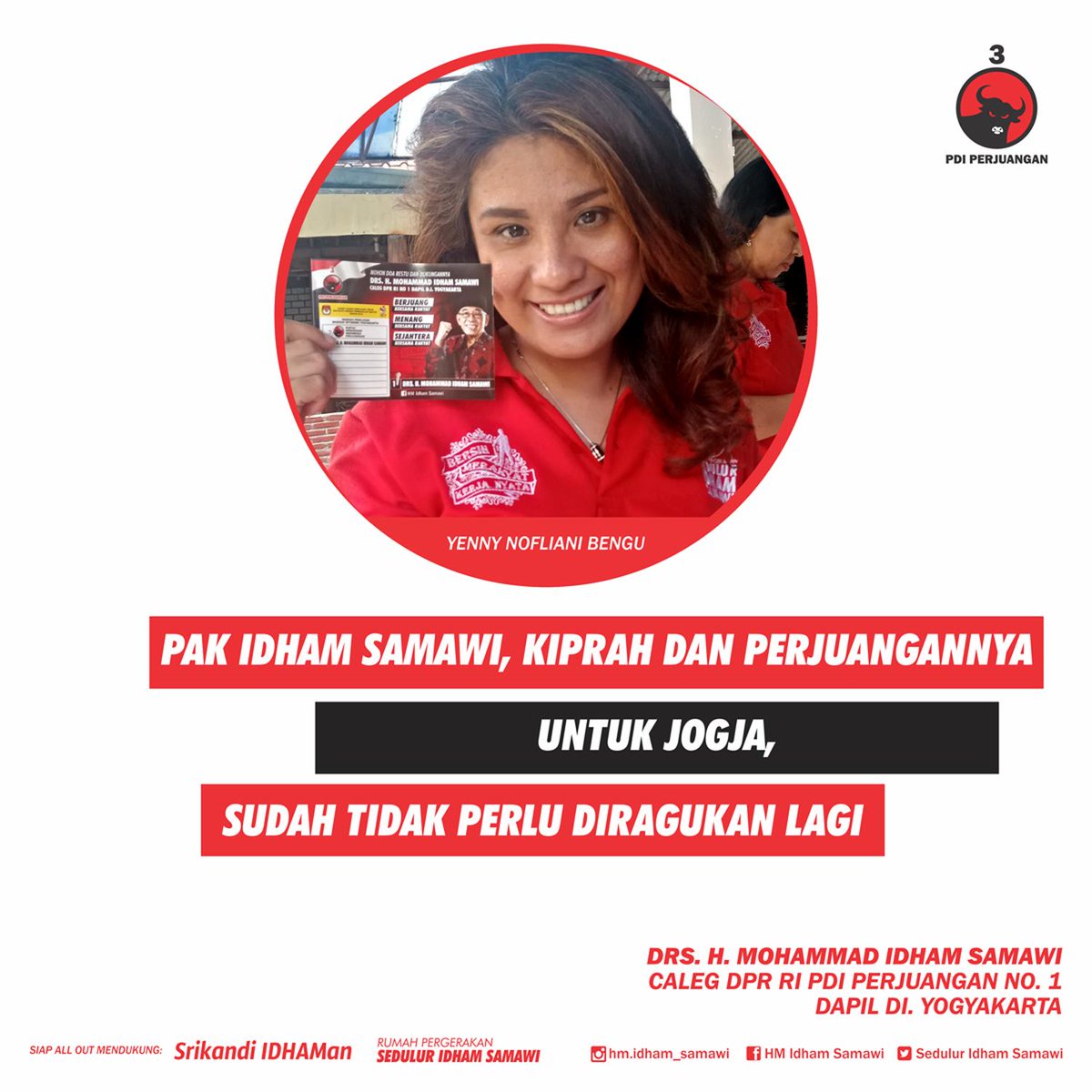 SedulurI's tweet photo. Yenny Nofliani Bengu, Calon Legislatif untuk DPRD TK I, PDI Perjuangan dari Sleman Utara mantap untuk mendukung Pak Idham lantaran tahu persis bagaimana kiprah Pak Idham selama ini.
#jogja #yogya #pesonasleman #bcssleman #slemania #slemanona #psssleman #infojogja https://t.co/TSuy2E0fjP