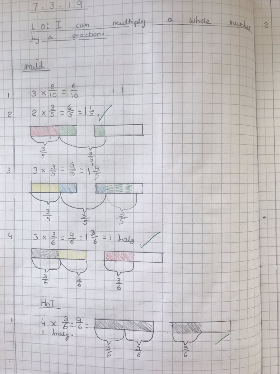 misssaunsroom's tweet photo. Today the children used a bar model to multiply fractions by a whole number. #barmodel @WhiteRoseMaths https://t.co/kz8cRVOfNX