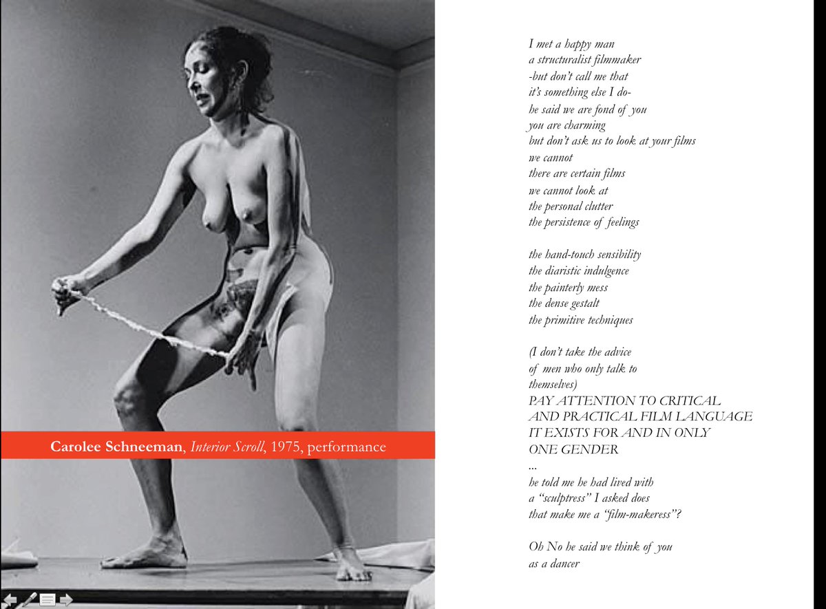 Carolee Schneeman, one of the all time greatest artists, has died. When people talk about possibly her most famous work, interior scroll, they never talk about the text *written* on and *read* off the scroll. Here it is.