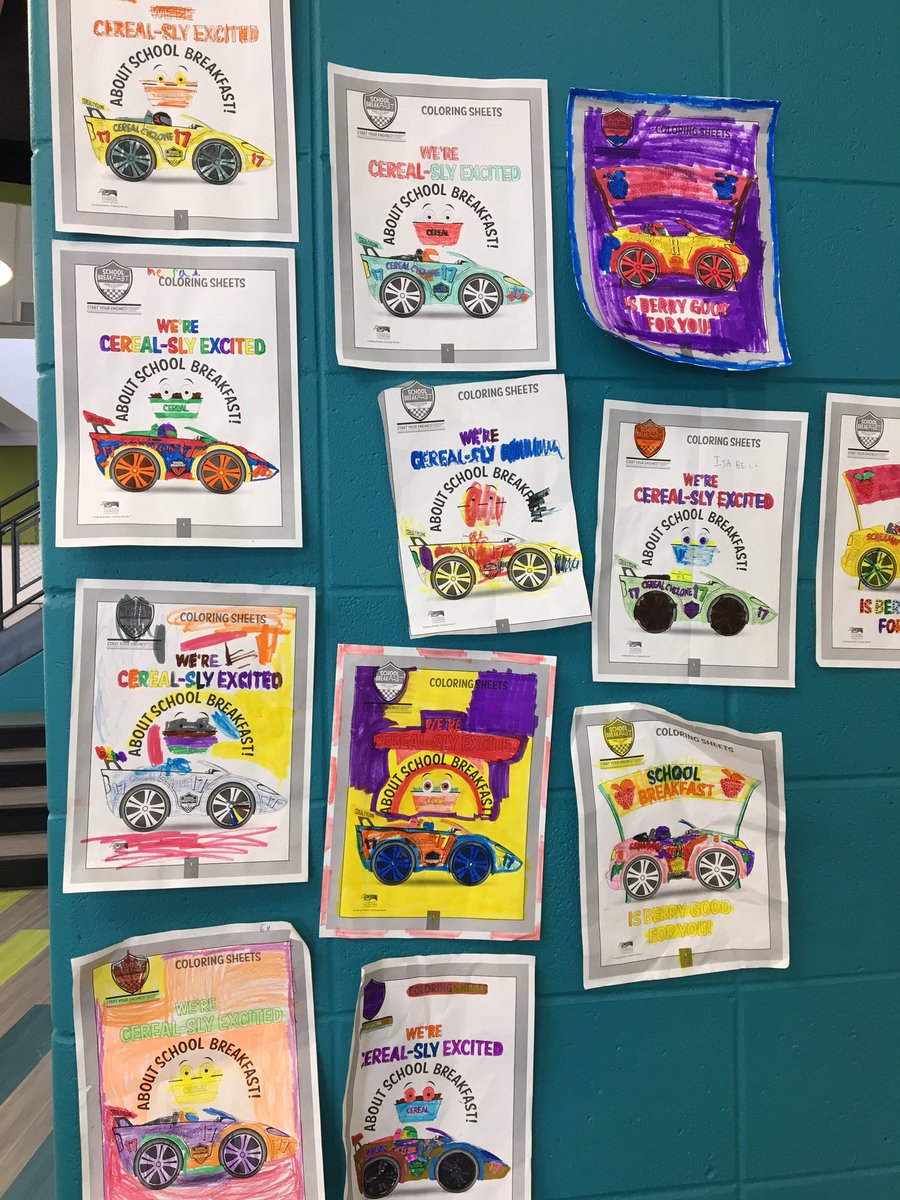WildcatLunch's tweet photo. Breakfast coloring sheet wall!  Students take a breakfast bring back their sheets for a prize. https://t.co/hKwvPXo3j7