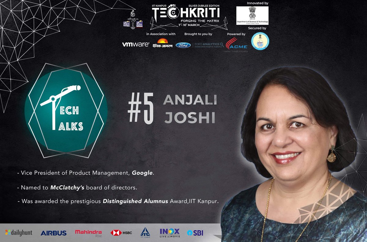 IITKanpur's tweet photo. Presenting you Tech-Talk #5 by Ms. Anjali Joshi, the Vice President of Product Management at Google.
#Talks #Techkriti19 #SilverJubilee  #ForgingtheMatrix #IITKanpur https://t.co/h9sH5Z1wRF