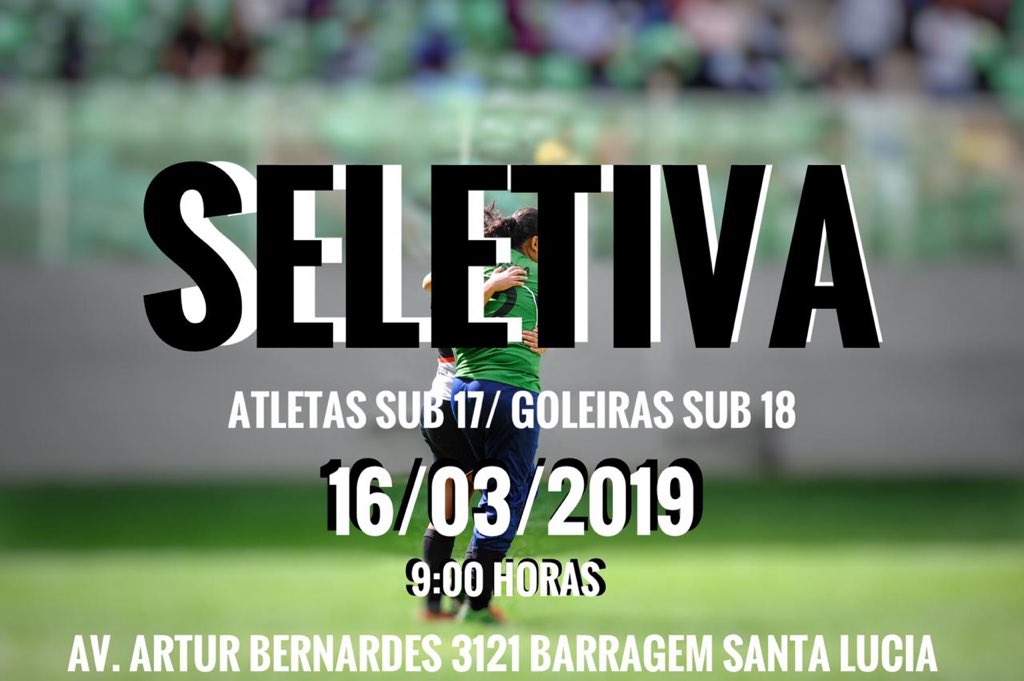 “Atenção” 
Dia 16/3 às 9:00 o Prointer irá realizar uma seletiva para disputar a Copa Centenária. Com atletas sub 17 e goleiras sub 18. 
A seletiva será realizada na Av. Artur Bernardes 3121- Barragem Santa Lúcia.
Mais informações: (31) 99628-7149 Evaristo