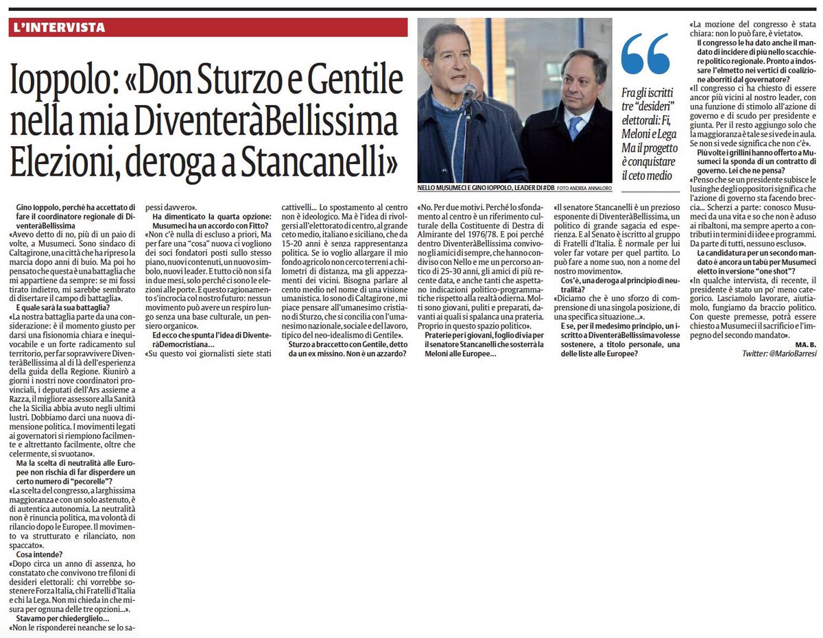 DiventeraB's tweet photo. L'intervista al coordinatore regionale di #DiventeràBellissima @GinoIoppolo su @lasicilia di oggi

#Sicilia #politica https://t.co/i8XVuqBLgX