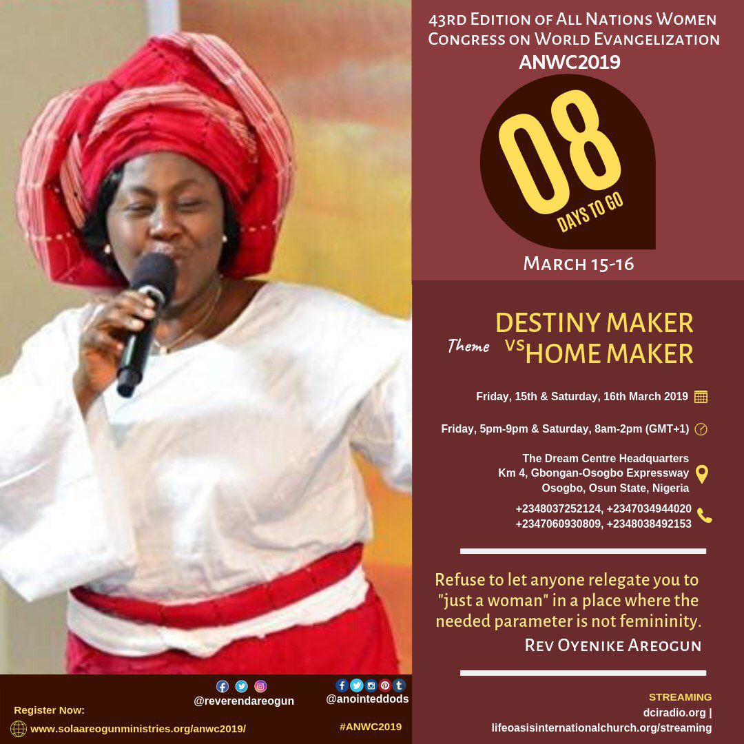 DCYAClub's tweet photo. 8 days to #ANWC2019⠀⠀
⠀⠀
Don’t miss this feast of God!⠀⠀
⠀⠀
#WOMENOFGOD #Godlywoman #wife #woman #mother #Godlywife #Godlymother #RevOyenikeAreogun #Godlyhome #destiny #calling #HomeMaker #DestinyMaker #ANWC https://t.co/FAIRtn3yaG