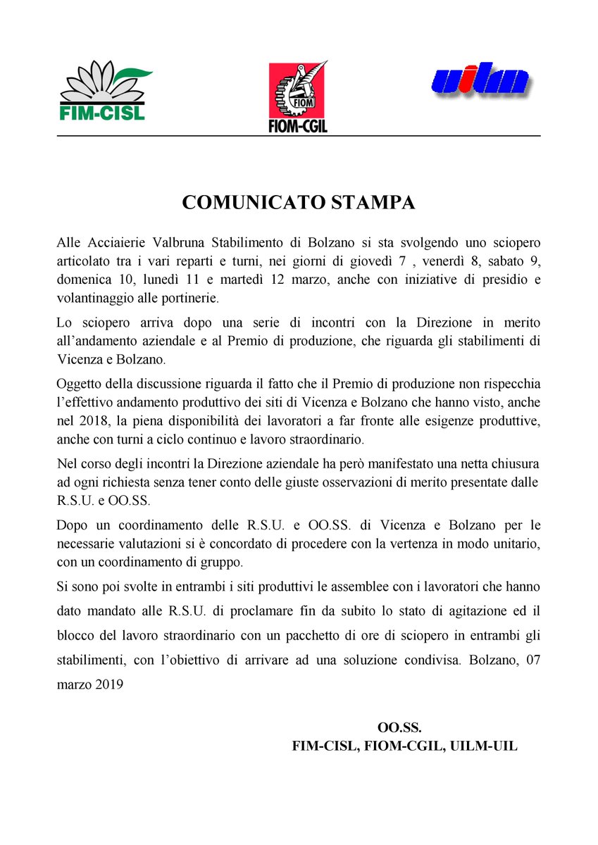 SCIOPERO  ALLE ACCIAIERIE VALBRUNA DI BOLZANO INSIEME AI COLLEGHI DI VICENZA, SI RIVENDICA UN PREMIO DI RISULTATO EQUO CON L'ANDAMENTO   AZIENDALE. CHIEDIAMO L'APERTURA DI UN TAVOLO UNITARIO CON L'AZIENDA CHE FINORA NON HA DATO ALCUN SEGNALE DI APERTURA.