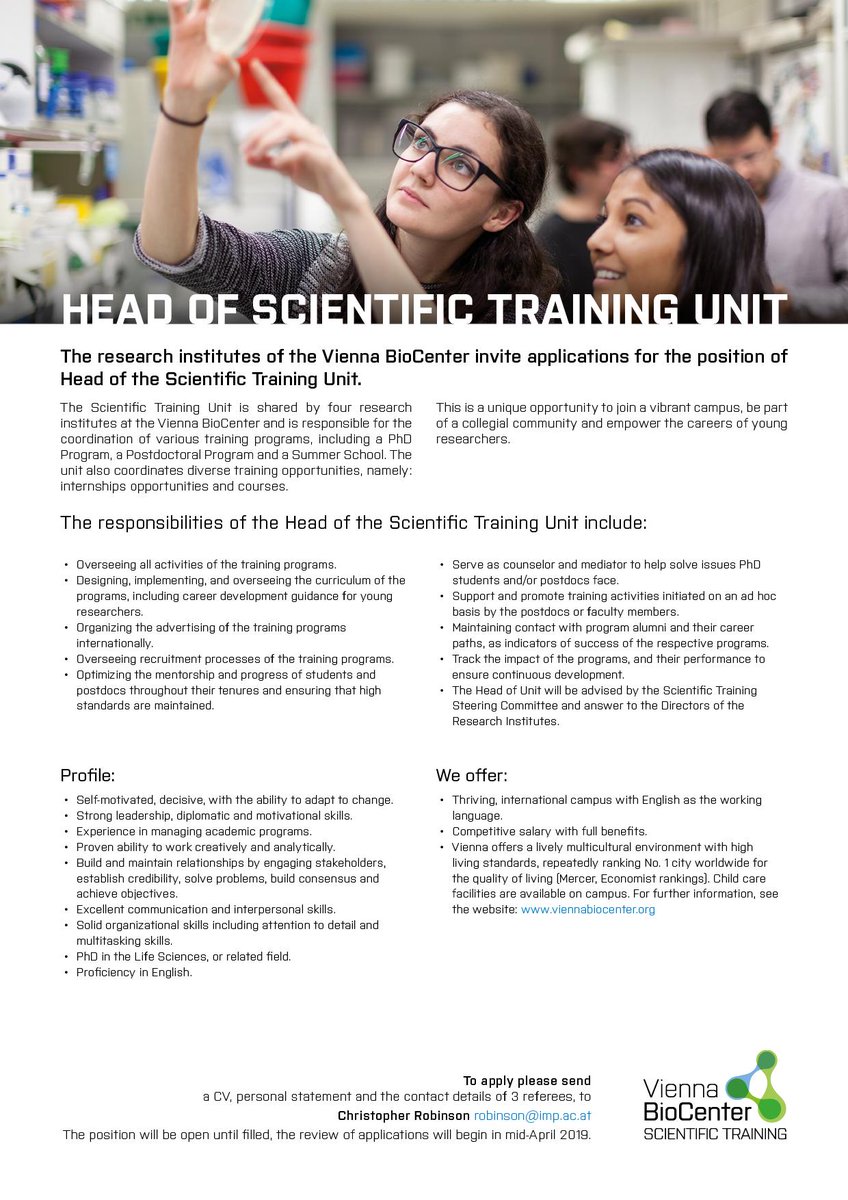 viennabiocenter's tweet photo. We are recruiting for a very special position: *Head of Scientific Training Unit* @ViennaBioCenter. It is a great opportunity! Please, re-tweet. https://t.co/W8bN4ie1EO