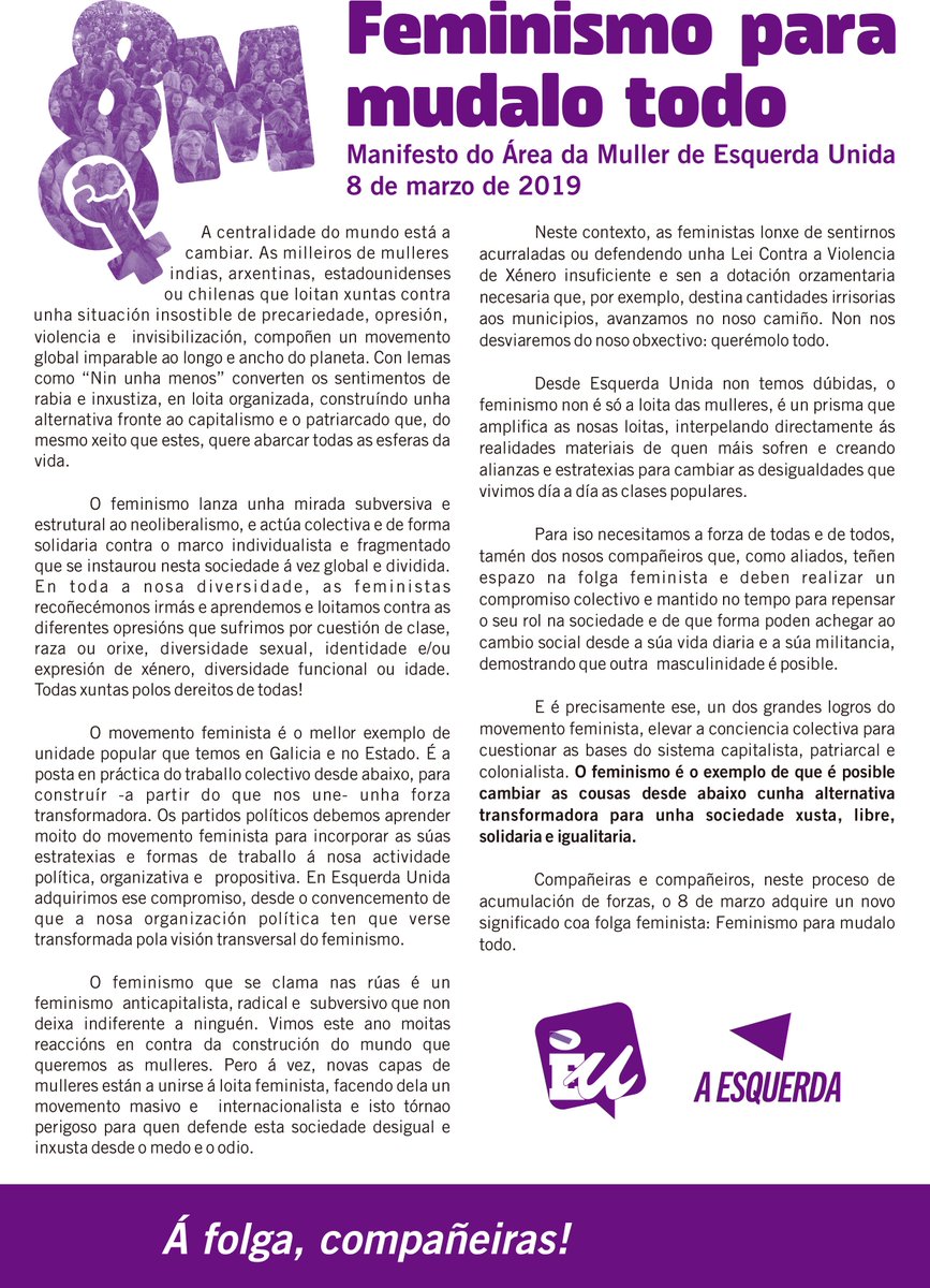 Mañá, #8m, sairemos á rúa para reivindicar a sociedade xusta e feminista que queremos!