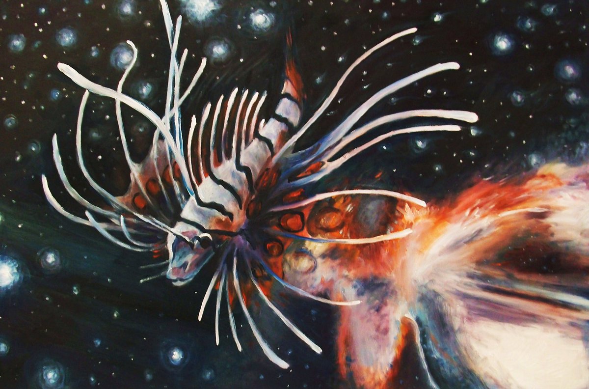 JonMerchant21's tweet image. Are they in space? Underwater? Who knows. 

Throwback to some of my earliest oil paintings. The idea was to have them link together. 🤷‍♂️

#oilpainting #underwater #deepseacreatures #lionfish #octopus #dailyart