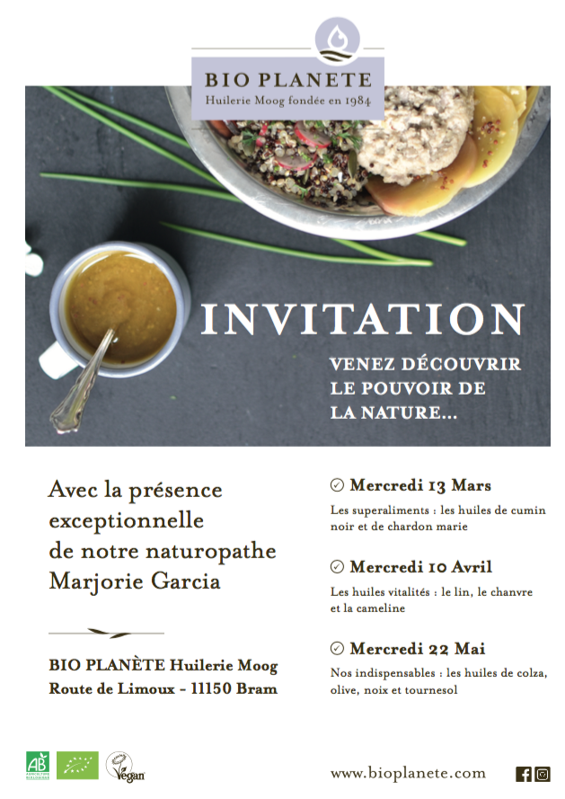 NaturAude's tweet photo. RDV chez Bio Planète à Bram (11) le Mercredi 13 Mars pour une (re)découverte et dégustation d'huiles végétales superaliments! https://t.co/aO1465I7ji