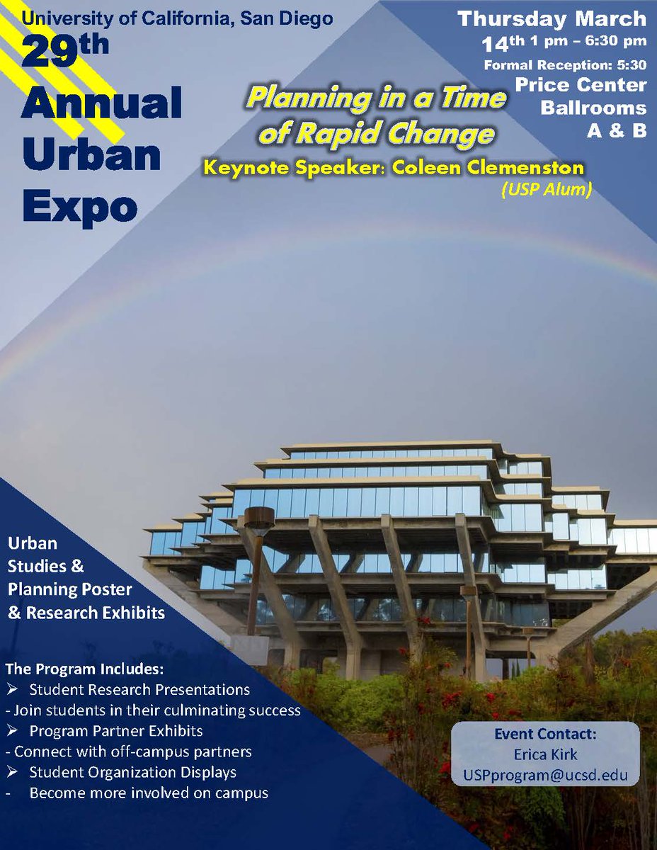 USPUCSD's tweet image. Only one week left until the 2019 Urban Expo!
The Schedule begins at 1:00pm with an open house where the student research posters will be on display. Students will be available at their posters starting at 4:45pm to answer questions. And our formal program will begin at 5:30pm.