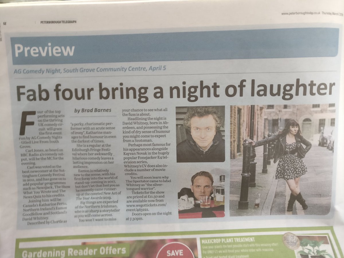 AGComedyNights's tweet photo. Here we are in today's @peterboroughtel! #LiveFromSouthGrove https://t.co/3R6HOLkXbo