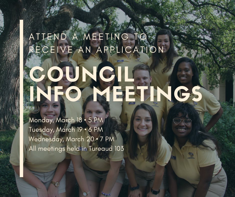 LSUAmbassadors's tweet image. Hey AMB's! Are you interested in serving on Council for the 2019-2020 school year? If so, attend an info meeting to learn more! You must attend an information meeting to receive an application. 
See y'all there!🤩