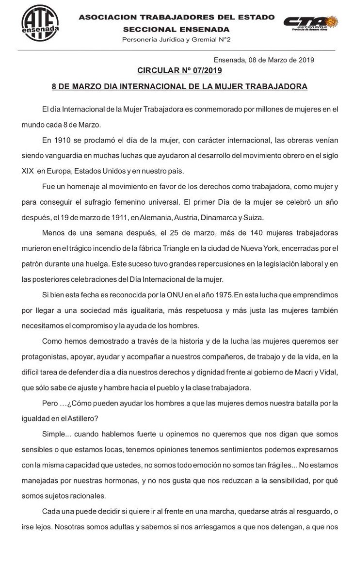 ivanbeatle70's tweet photo. Circular en el Astillero Rio Santiago por el 8M
#DiaInternacionalDeLaMujerTrabajadora
"...las mujeres nos organizamos con distintas iniciativas, marchas, y paro para seguir enfrentando la política del gobierno de Macri, que sólo nos trae mas hambre, ajuste..."
#ARS100Estatal https://t.co/5fJ4N7N9oI