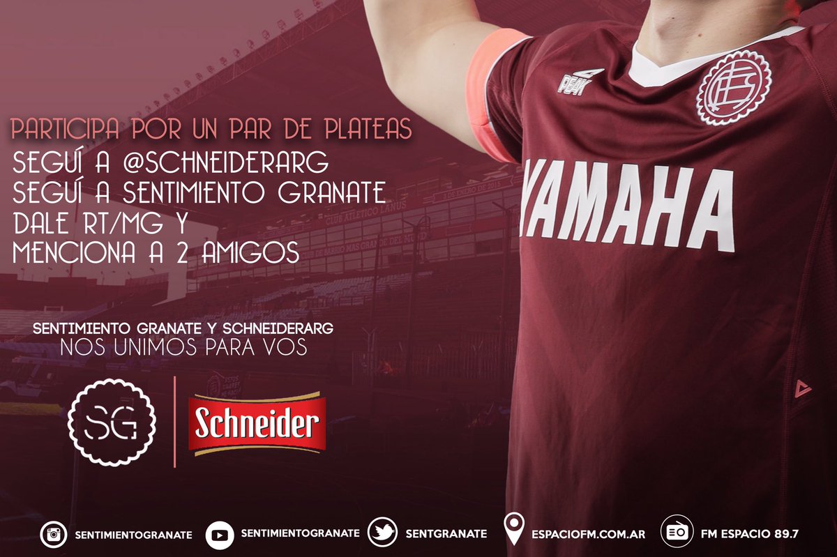 SentGranate's tweet photo. ⚠️ SORTEO SCHNEIDER > Seguimos dando regalos a los hinchas de Lanús. Ahora gracias a @schneiderarg sorteamos un par de plateas para el duelo ante San Martín (SJ) • Mira los requisitos para participar en cualquier red social. #CervezaOficial 🍻 https://t.co/VWZ5bMpgbK