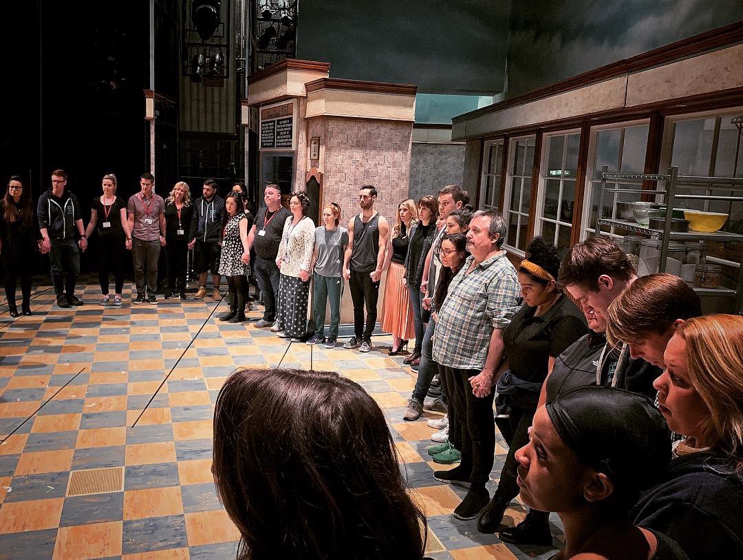 Our cast and creative team take a moment before tonight’s #OpeningNight on-stage at the #AdelphiTheatre 💓 

Wish our wonderful #WaitressLondon family the most broken of crusts 🥧 #BakeALeg