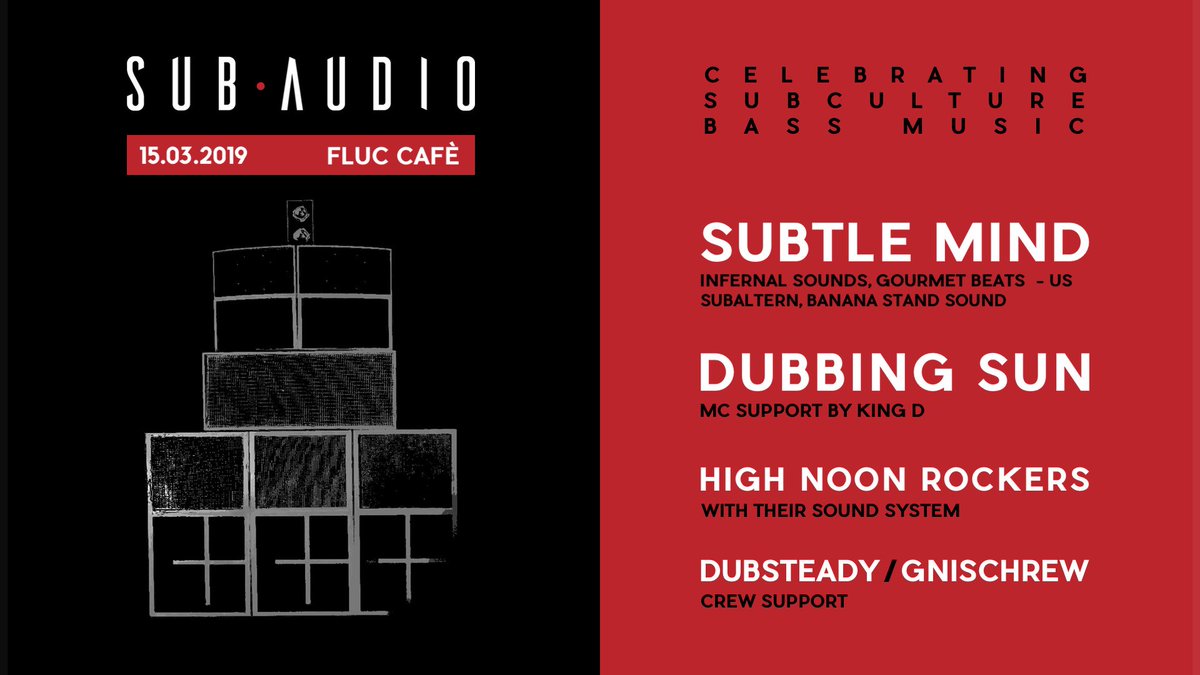 Soon. Celebrating subculture bass music in Vienna at <a href="/flucvienna/">flucvienna</a> alongside <a href="/SubtleMindMusic/">subtle mind (aviary ep out on bc)</a> (US) #DubbingSun #HighNoonRockers sound system #Dubsteady <a href="/gnischrew/">gnischrew</a> - save the date! 🥂