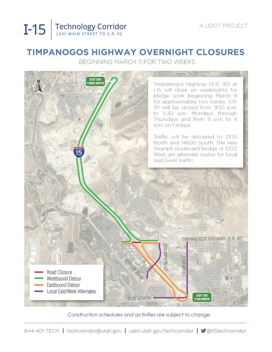 Reminder from @i15techcorridor. Timpanogos Highway (S.R. 92) will close nightly at I-15 in Lehi for bridge work for the remainder of this week. S.R. 92 will be closed from 9:30 p.m. to 5:30 a.m. Monday through Thursday and from 11 p.m. to 8 a.m. on Friday. utdot.utah.gov/techcorridor