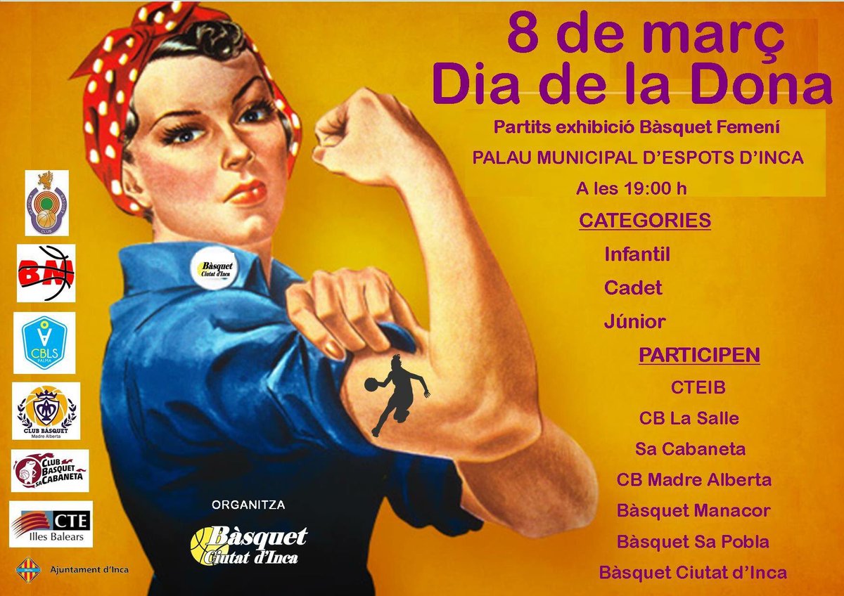 Demà a les 19:00 al Palau Municipal d’Esports d’Inca 
#DiaDeLaDona #WomensDay2019 #DiaDeLaMujer
Vos esperam!!! 💪🏼