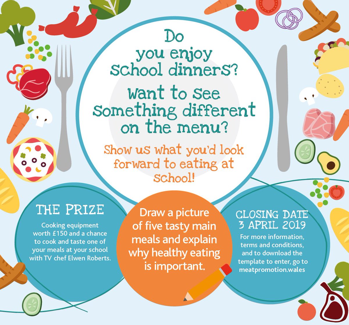 HybuCigCymru's tweet image. Get your creative hat and your chef's hat on for our competition! Entering is easy – draw five main meals, but remember to include some red meat and use the template on the HCC website: bit.ly/2UayGzG #schooldinners #creativecooks