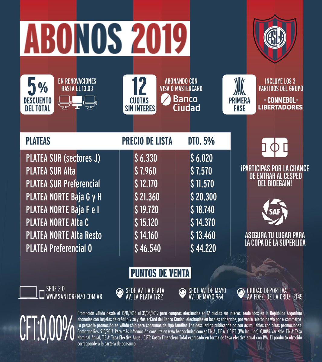 SanLorenzo's tweet photo. #Abonos2019 🔵🔴🔵

⌛ Todavía podés renovar tu abono anual o sacar uno nuevo: están incluidos los tres partidos del Ciclón en el Bidegain por el Grupo F de la 🏆 Libertadores

👌 Hay 12 cuotas sin interés con VISA o Mastercard del Banco Ciudad ➡ https://t.co/qMkI5wNm9M https://t.co/7JHbZp9hSE