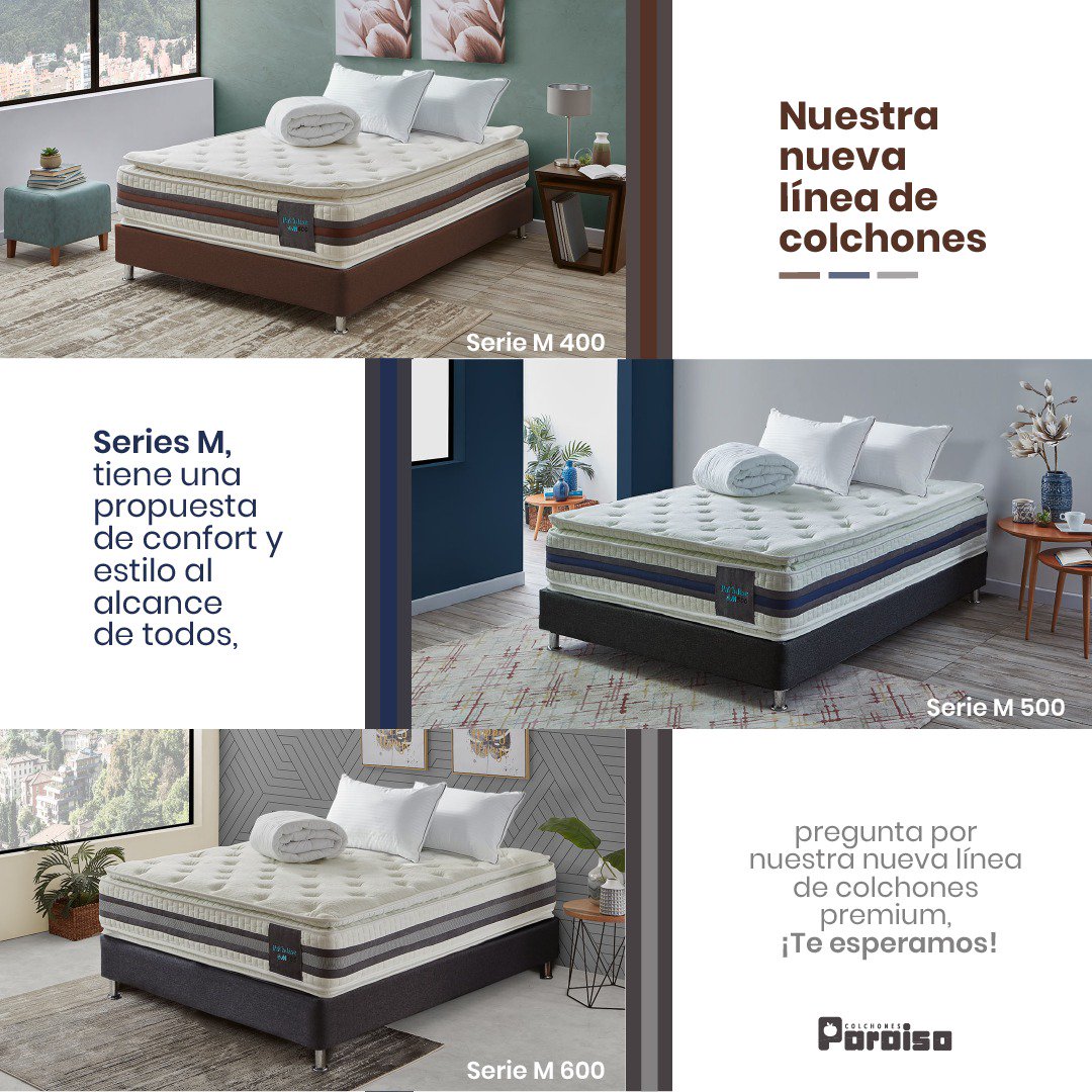 ColchoParaiso's tweet photo. #ParaísoParaTodos Nuestra nueva línea de colchones Serie M, tiene una propuesta de confort y estilo al alcance de todos, pregunta por nuestra nueva línea de colchones premium, ¡Te esperamos! https://t.co/3HN1SW0HWl