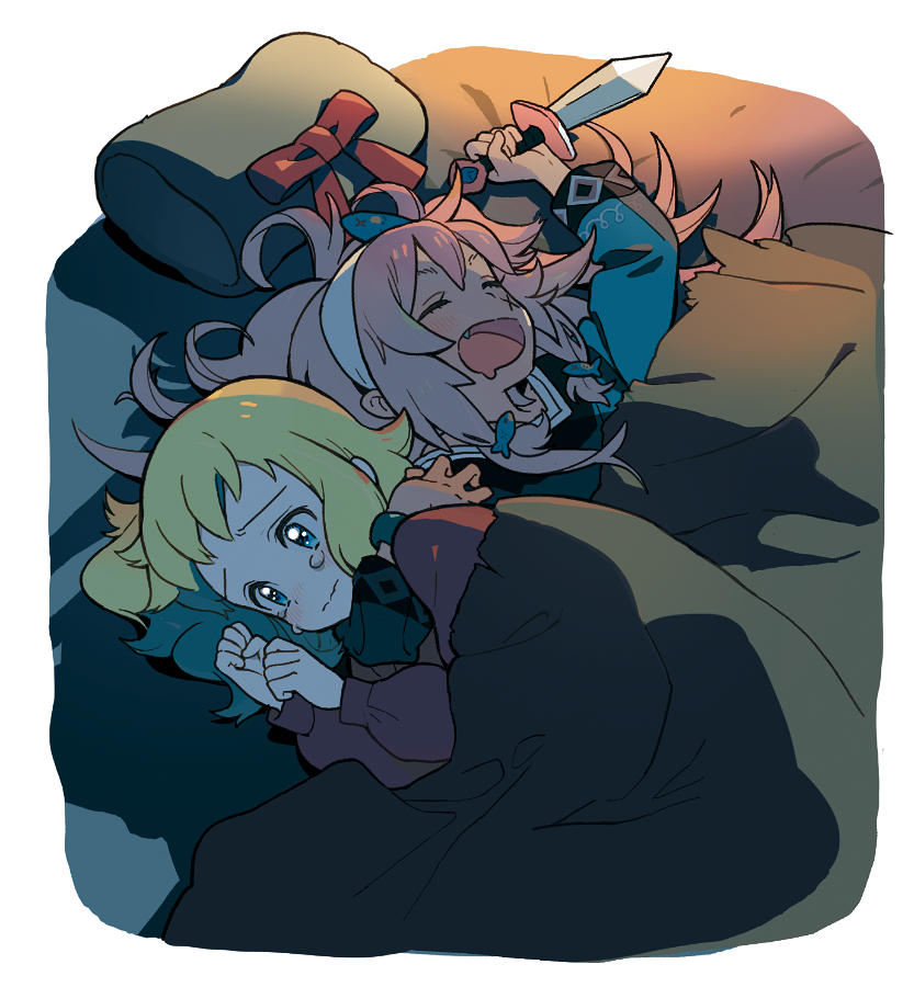 multiple girls 2girls blanket blonde hair pink hair open mouth knife  illustration images