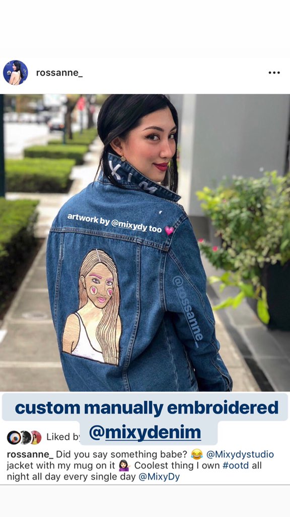 mixydenim's tweet photo. artwork and custom manually embroidered selfie denim jacket by #mixydy https://t.co/UmhplWga8G