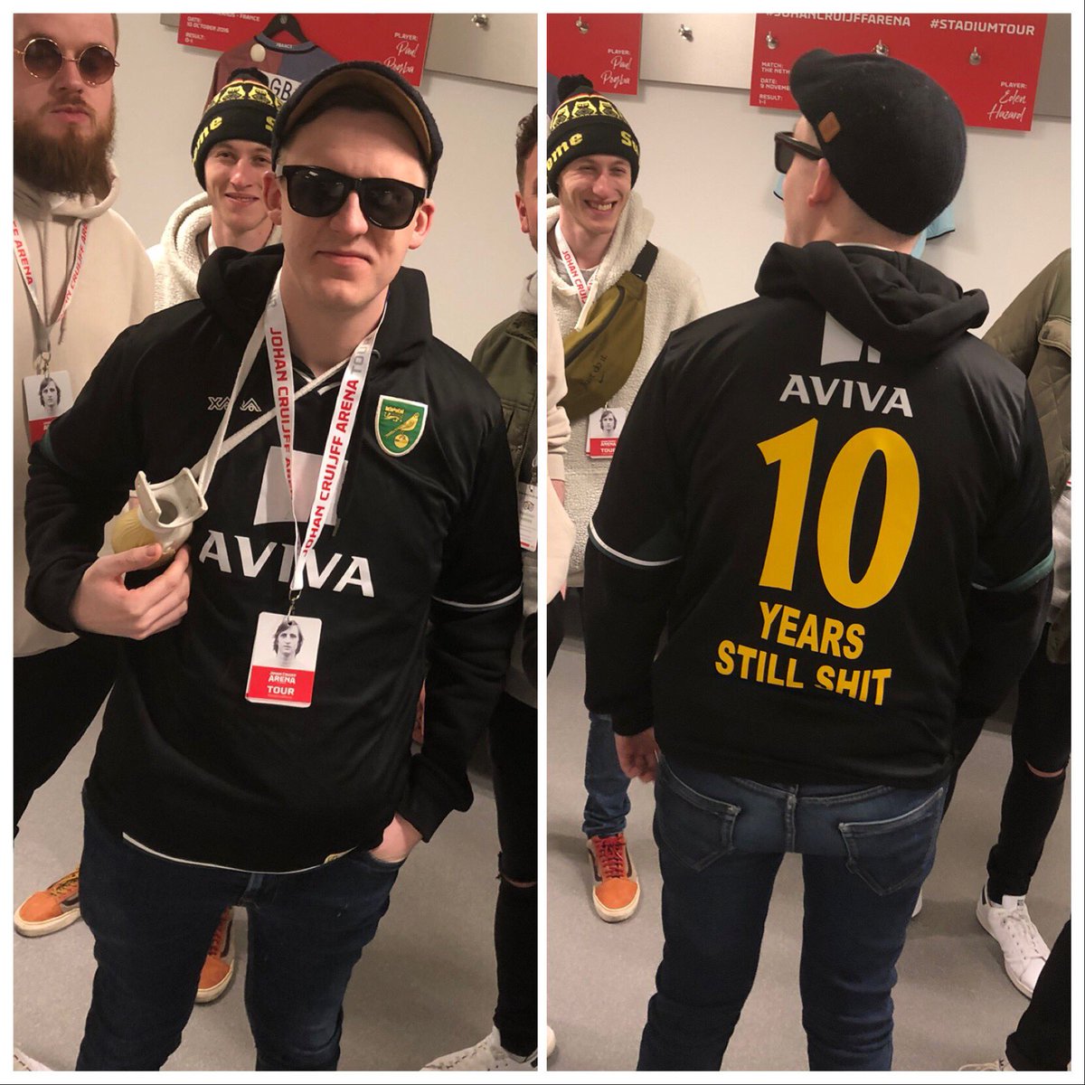 mrgeoffpeters's tweet photo. At a stadium tour of Ajax. Ipswich fan @JoshVartan on a stag do in Amsterdam. His mates forced him to wear a Norwich top for the whole four days of the trip 😂🇳🇱 #itfc #ncfc https://t.co/li6B3yTsg8