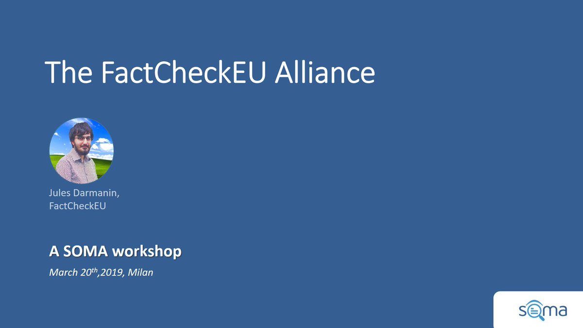 SOMAObservatory's tweet image. The excellent @JulesDrmnn will be discussing the #FactCheckEU Alliance @factchecknet during our 1st public #workshop in Milan on March 20th! Will you join the effort to fight #disinformation ? Register today! disinfobservatory.org/the-1st-soma-p…