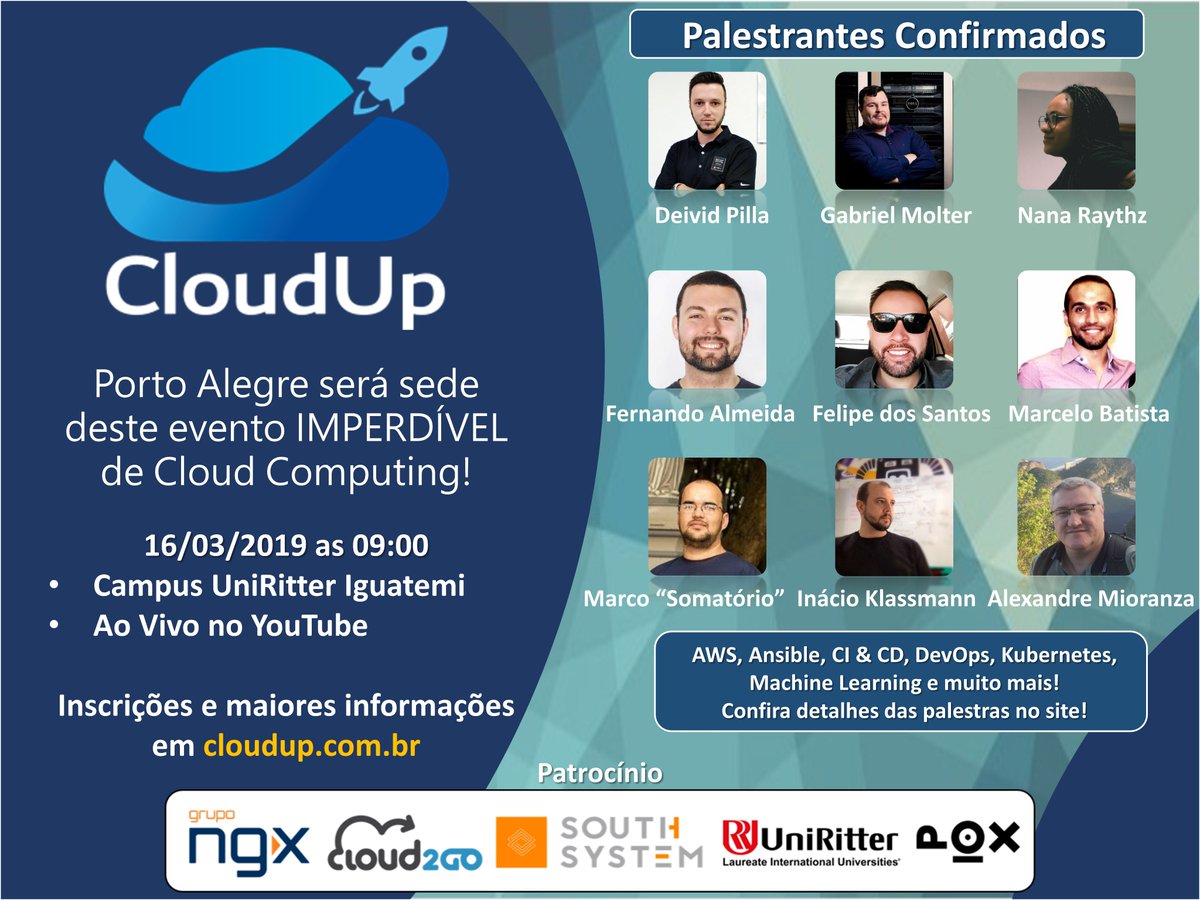 Faltam POUCOS DIAS para este evento imperdível de Cloud Computing, ainda não se inscreveu? Corre que dá tempo!

Não é de Porto Alegre? Sem problemas, o evento será transmitido AO VIVO pelo YouTube.

Inscrições e maiores informações no site cloudup.com.br

#cloud