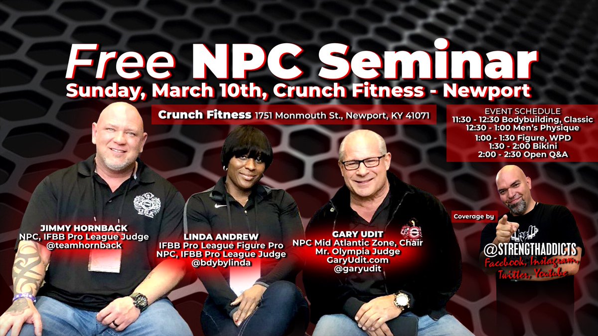 StrengthAddicts's tweet photo. Hope to see everyone this Sunday!! @TeamHornback @BODYbyLinda @Garyudit #npc #ifbbproleague #bodybuilding #newportkentucky #npcseminar #posingclinic #strengthaddicts https://t.co/Kg3y246eA2