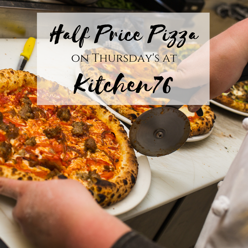 Join us on Thursdays at Kitchen76! Our famous pizzas are half priced! 😍🍕🍷