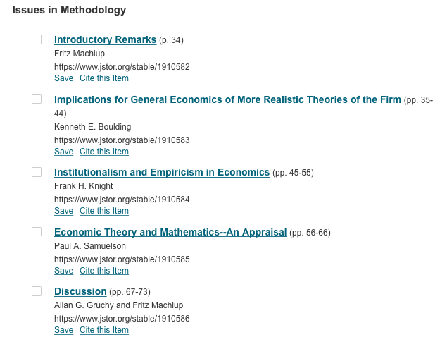 4/ In December 1951, the AEA organized a methodology panel, in which math was much discussed  https://www.jstor.org/stable/i332667 . No participant opposed math straighforward, but institutionalists & Austrians outlined limitations:(won't discuss math & empirical econ b/c it's next week topic)