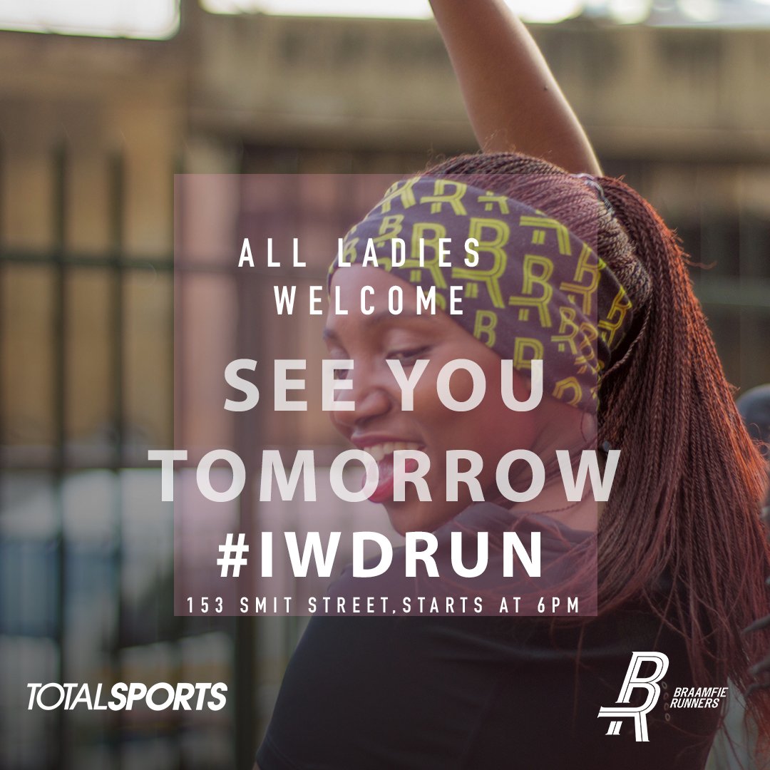 BraamfieRunners's tweet photo. Only one day before #IWD2019! Join us tomorrow, Friday, as we celebrate all womxn runners. As always, if you don’t run, you cheer!
All men are welcome, the cheer zone is waiting for you. Afterwards, join us for post-run refreshments.
.
.
Powered by @totalsports_sa .
#IWDRUN https://t.co/LLczhbBXfT
