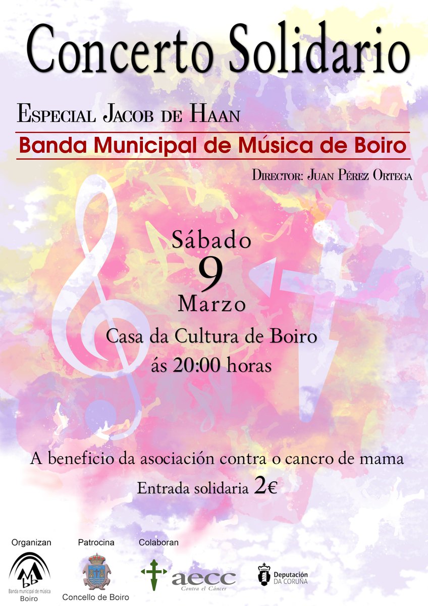 bmboiro's tweet photo. Este sábado 9 de Marzo, #concertosolidario a cargo da @bmboiro a beneficio da asociación contra o cancro de mama @aecc_es.  #Casadacultura de #Boiro ás 20:00h. Concerto monográfico con obras do compositor holandés @jacobdehaan dirixido polo noso compañeiro @changui_ortega https://t.co/IWQRCKEEdg