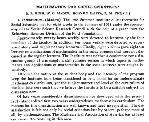 3/ Context remark: econ was not alone in debating use of math. Exchanges & alliances w/ other social scientists pervasive, as shown by Madow report by Econometric Society & MAA  https://www.jstor.org/stable/1907269?seq=1#page_scan_tab_contents or sociologist Lazarsfed’s Columbia lecture series & resulting publications