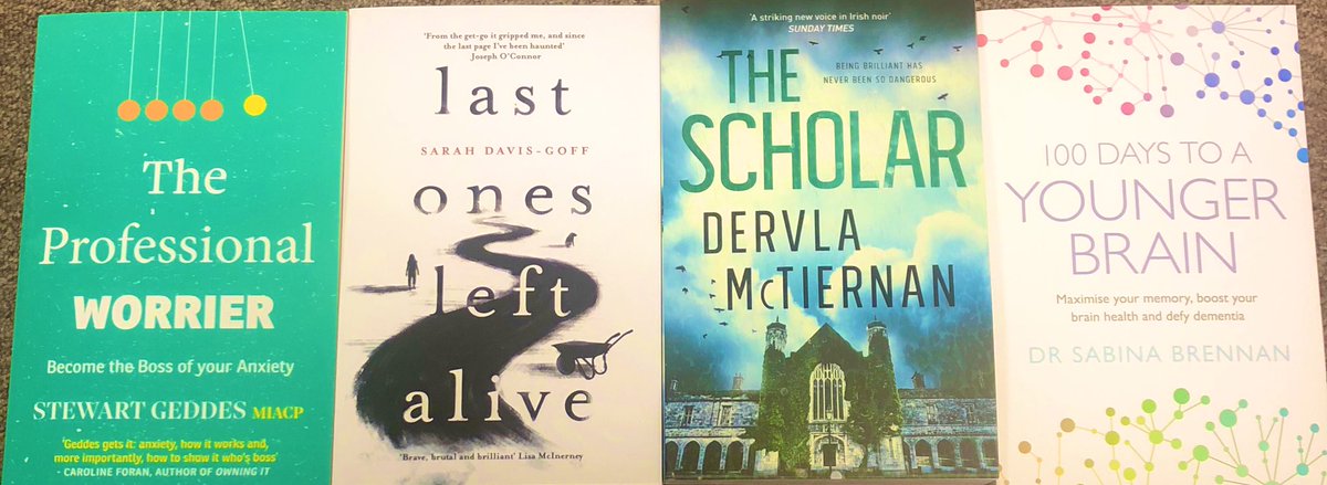 ElaineEgan_'s tweet photo. 4 brilliant books publishing today in Ireland. Happy Publication Day #TheProfessionalWorrier by @stewmood #LastOnesLeftAlive by @SarahDavisGoff #TheScholar by @DervlaMcTiernan #100DaystoaYoungerBrain by @Sabina_Brennan #WorldBookDay https://t.co/L1rWRJqZD2