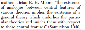 10/ Samuelson’s motives to tap physics were ≠. Introduced to thermodynamics by E.B. Wilson (Gibbs's student), he thought borrowing math structures (not content) used by physics would help him fulfill his project, exemplified by expert LL Moore quote opening his 1940 dissertation